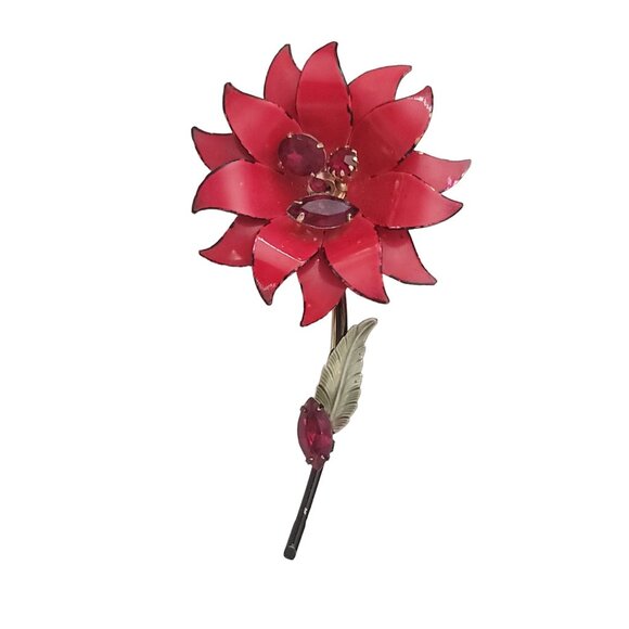 Francois Red Enamel Rhinestone Metal Stemmed Flower Brooch, Signed E957 - Picture 3 of 13